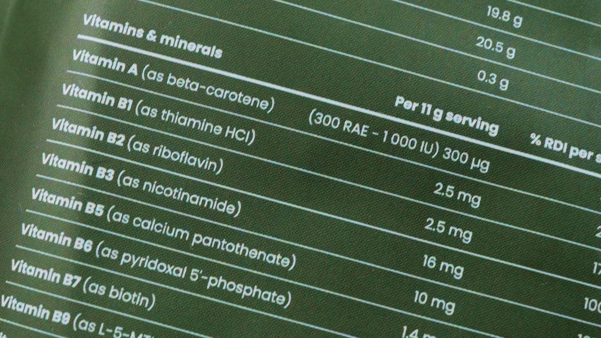 Detail tabuľky vitamínov a minerálov na etikete výživového doplnku
