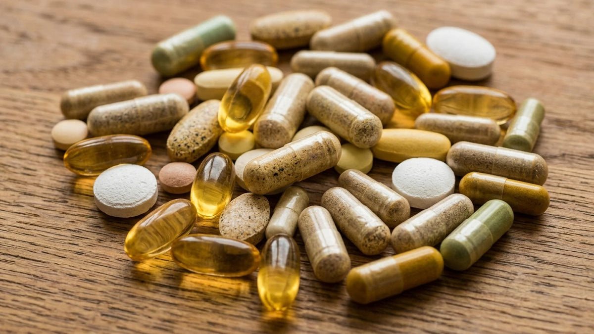 Rôzne kapsuly a tablety vitamínov na drevenom stole